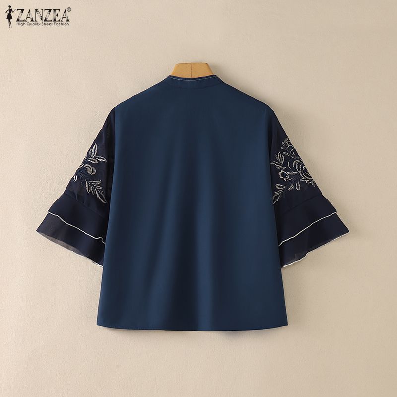 ZANZEA Women Casual Stand Collar Retro Embroidery Splice Half Sleeve Blouse