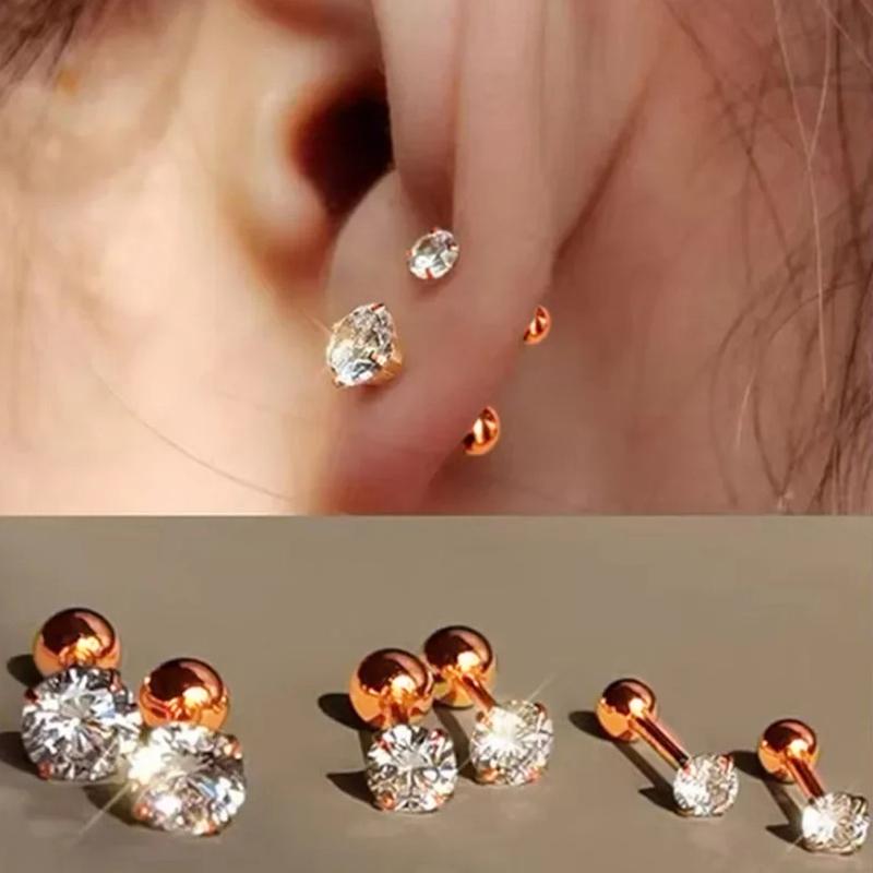 

3Pairs Classic Round Zirconia Stud Earrings For Women, Stainless Steel Women s Cartilage, Tragus, Lobe, Daith Piercing Jewelry