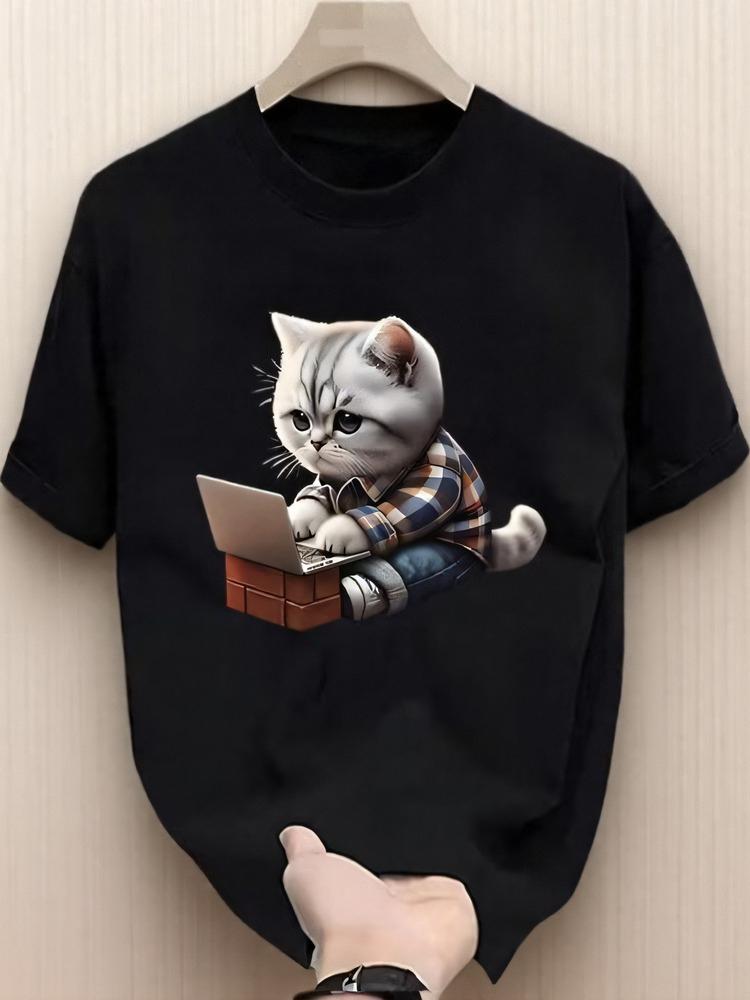 

Summer New Cartoon Cat Print Cotton Short-sleeved T-shirt Men and Women Versatile Couple Crew Neck Large Size Half-sleeved Top 4XL