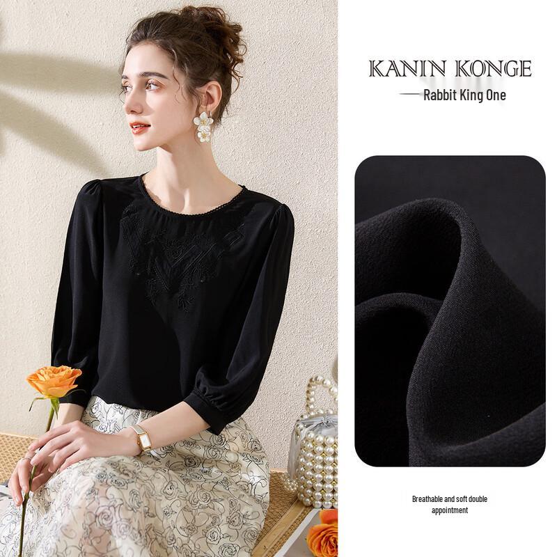 

TUHUANG Women s Mulberry Silk Embroidered Lace Lantern Sleeve Blouse 2XL