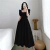 Bubble sleeves square neck white Hepburn light and mature style dress women's white skirt waist and thin temperament knee long dress summer