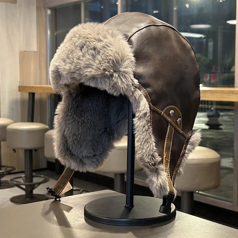 Leather Retro Lei Feng Hat for Men and Women In Winter Plus Velvet Thickened Warm Ear Protection Northeast Outdoor Cycling Cold Snow Hat