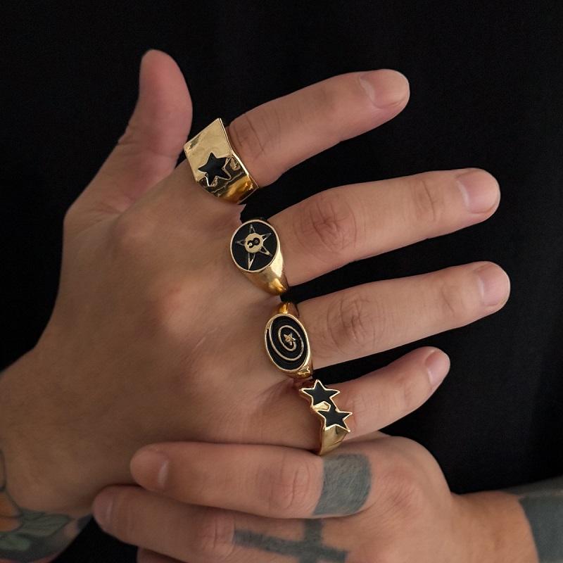 4 Pièces/Ensemble Anneaux Larges Étoile à Cinq Branches Spirale Couleur Argent Vintage Punk Pour Femmes Hommes Anneaux de Doigt Épais Hiphop Créatif Bijoux