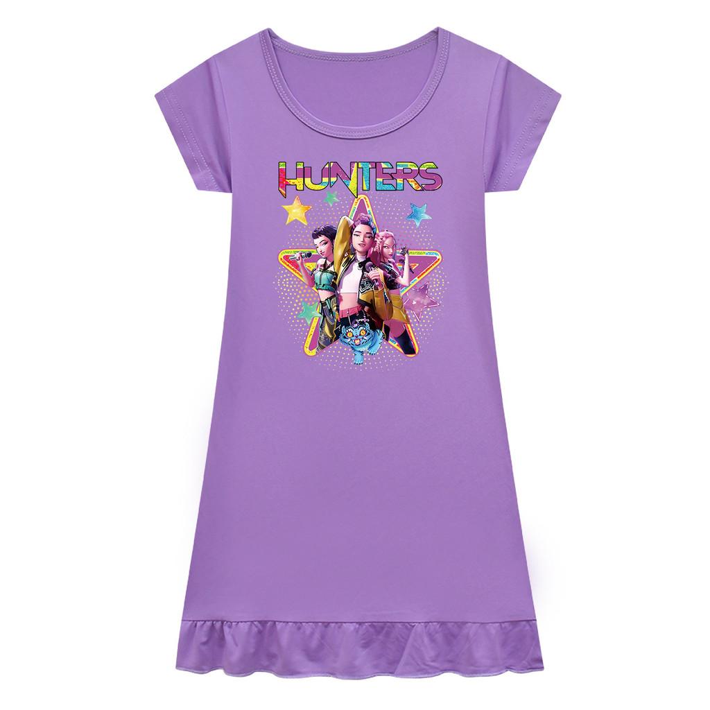 Kids Girls Anime Cartoon K-POP Rumi Print Pleat Short Sleeve Casual Round Neck Dress
