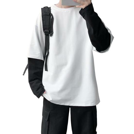 

Men T-shirt Fake Two Piece Round Neck Long Sleeve Contrast Color Pullover Spring Loose Patchwork Bottoming Shirt Streetwear M белый