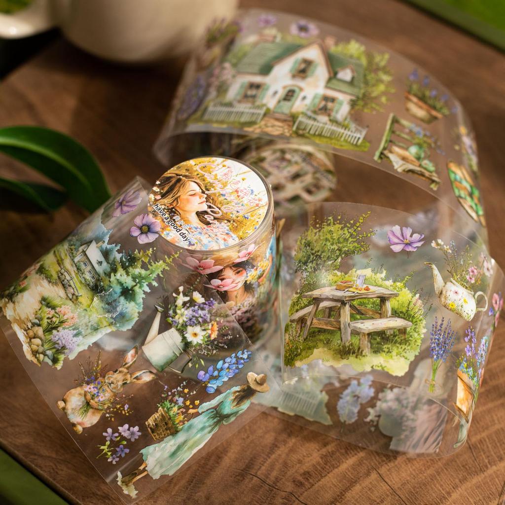 Alideco Masking Cute Retro Watercolor Camping Trip Girl Clear PET Adhesive Wide Stylish Masking Stickers 6-Pack Tape, Design, Water-Resistant Ink,