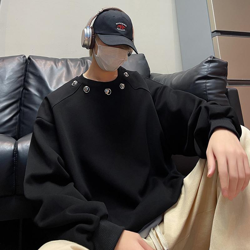 

Men s Trendy Rivet Round Neck Hoodie - Autumn Fashion Versatile Loose Pullover L чорний