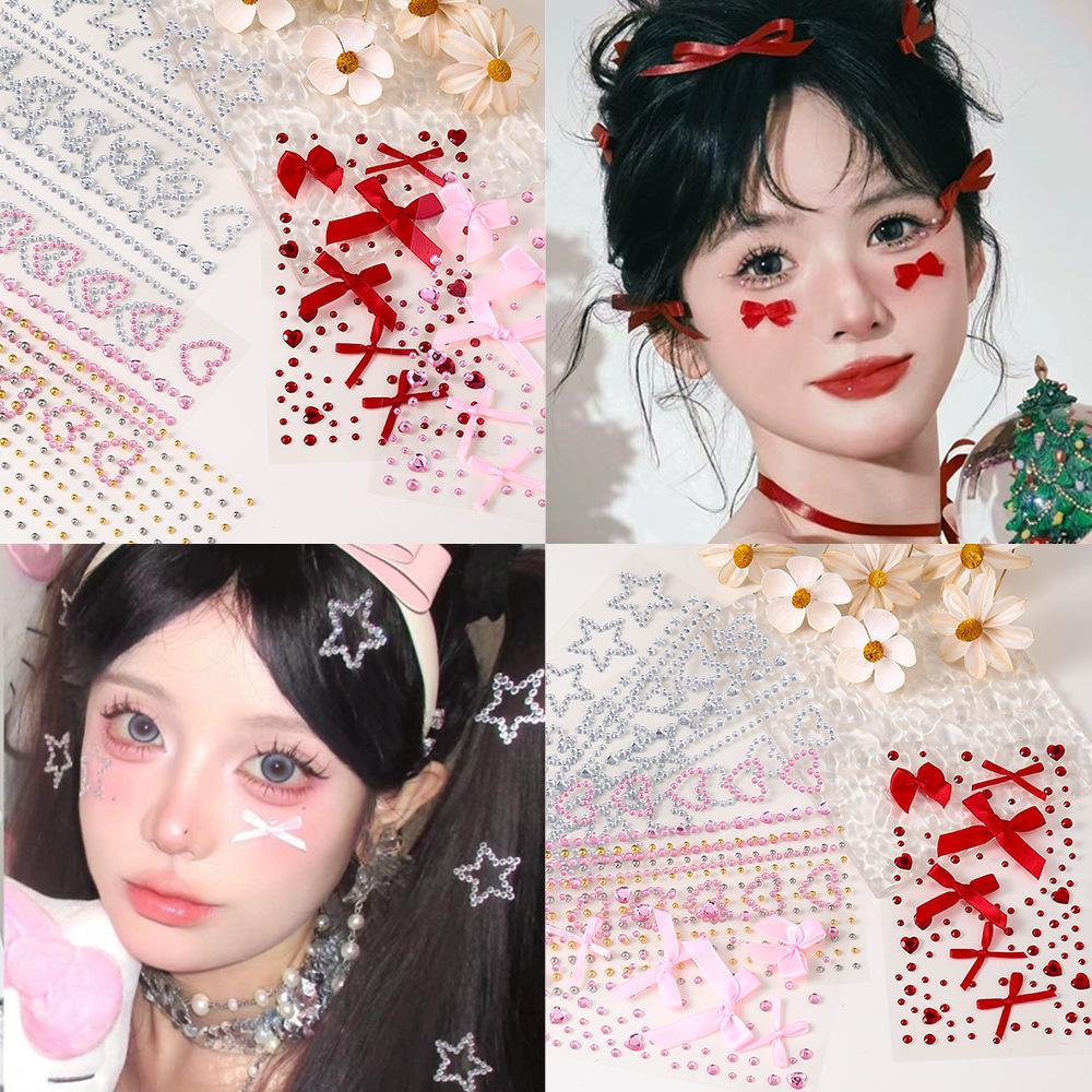 Ins Face Sticker Face Jewelry Organza Bow Resin Round Diamond Pearl Jewelry Eyebrow Sticker Lip Sticker