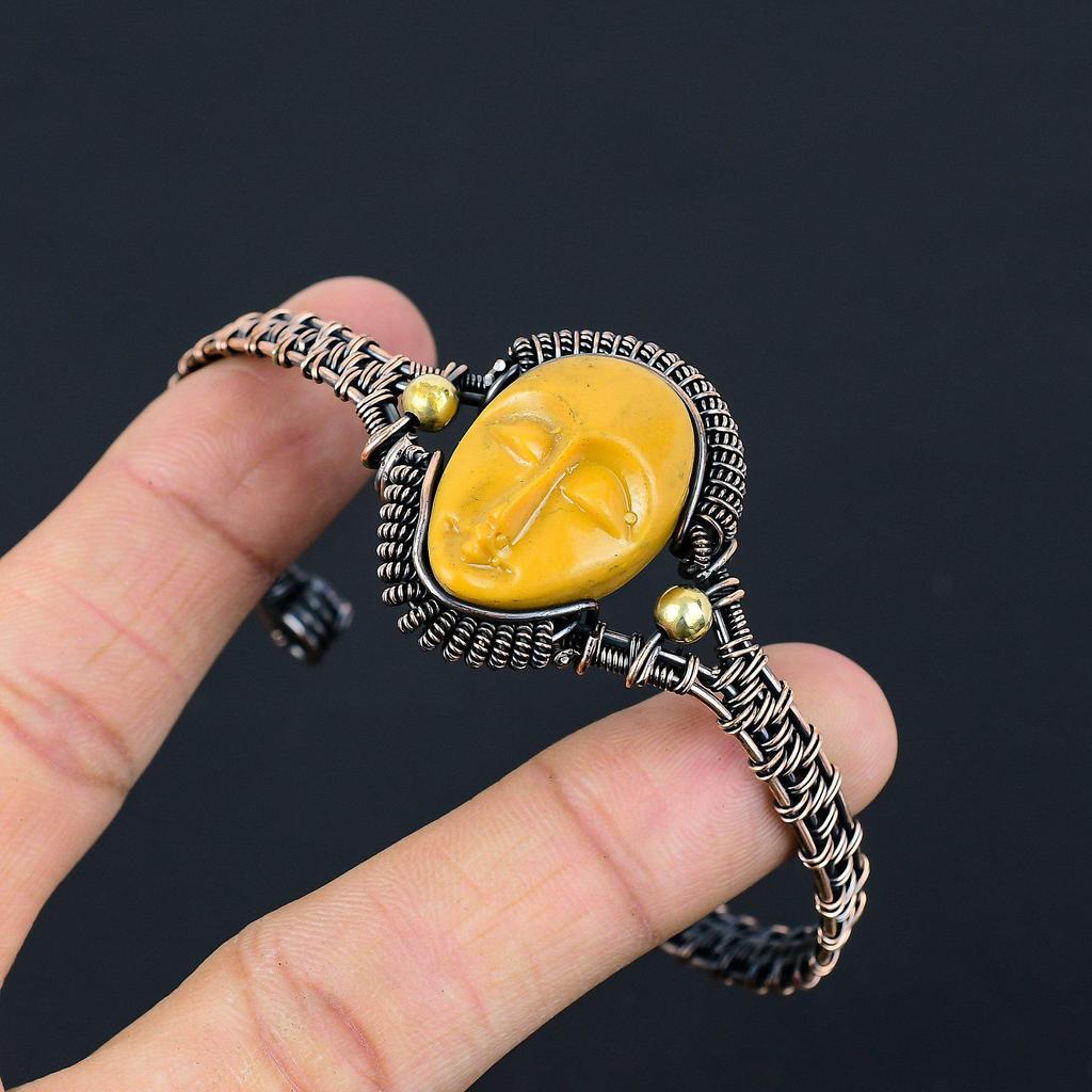 Praying Lady Carved Bone Face Handmade Latest Design Jewelry Bangle, 999 Copper Wire Wrapped Gemstone Bangle, Gift For Sister