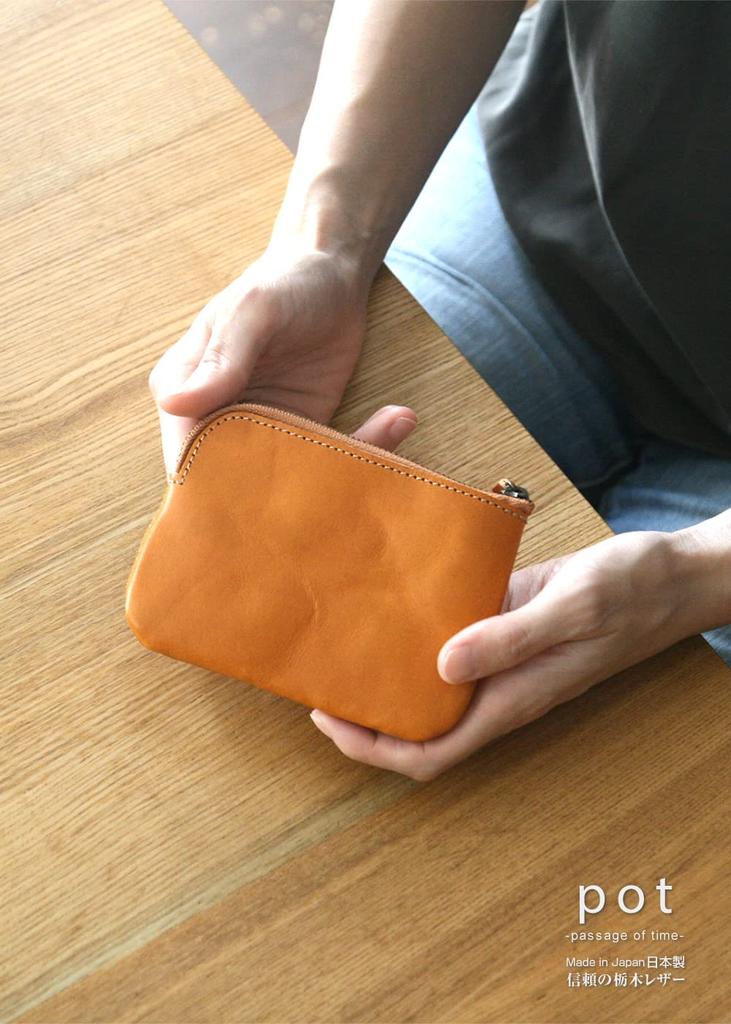 Pote, Feito no Japão, Bolsa de Couro Tochigi, Pequena, Tamanho Mini, para Acessórios, Fones de Ouvido e Cartões, BLPT0084 (Castanho avermelhado)