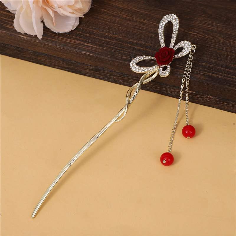 

Шпилька для волосся з червоною квіткою та китицею в китайському стилі для жінок