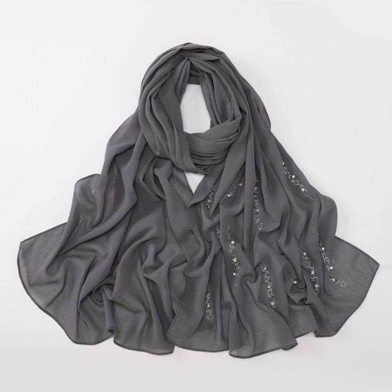 Chiffon Long Scarf With Rhinestones Beads Ethnic Headscarf For Women