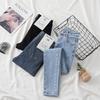 Lente Herfst Plus Size Dames Jeans Broek Elastische Knopen Rechte Basic Hoge Taille Broek Blauwe Lange Broek