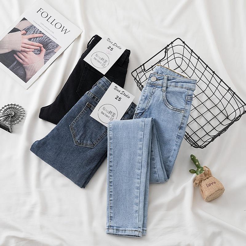 Lente Herfst Plus Size Dames Jeans Broek Elastische Knopen Rechte Basic Hoge Taille Broek Blauwe Lange Broek