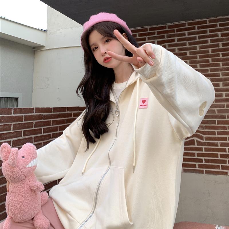 Korean Cardigan Sweatshirt Womens Hooded Autumn Thin Coat Female Zipper Apricot Hoodies Streetwear