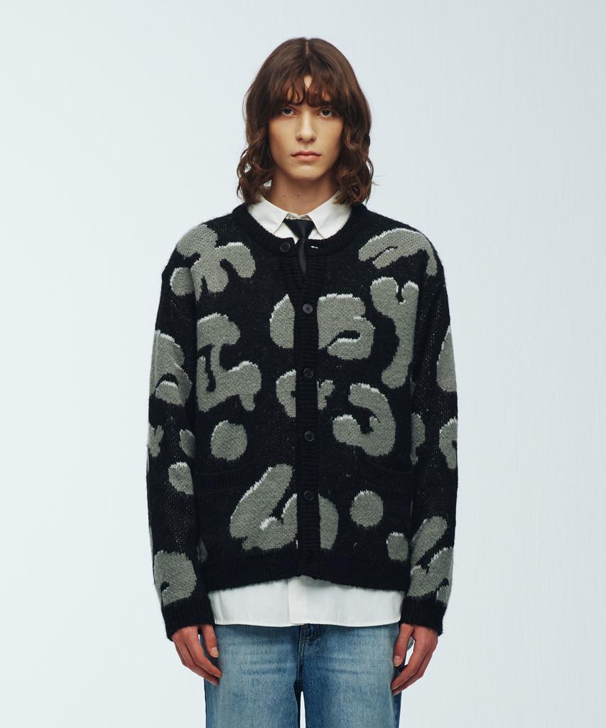 Knitted Bulky Brush Pattern Cardigan Black