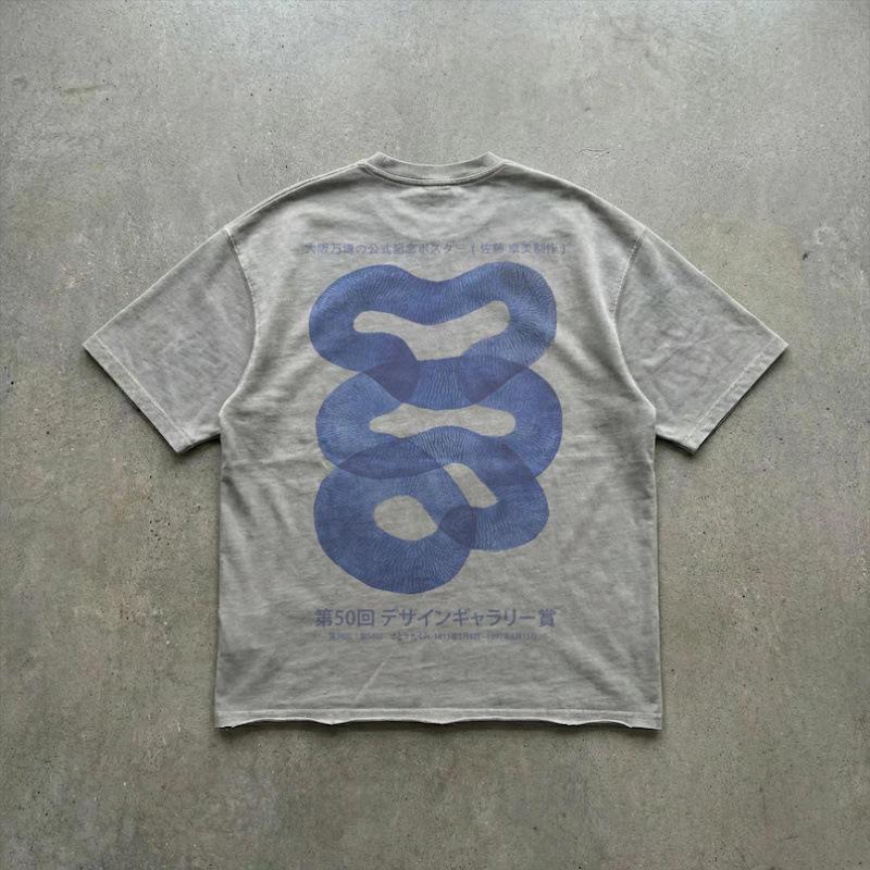 Women s Faded T-Shirt | Japanese Wave Snake Art Tee | Ra S светло-серый