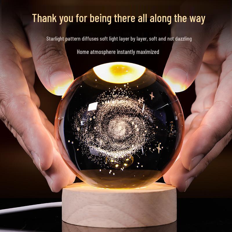 3D Starry Sky Crystal Ball Night Light with Solid Wood Base - Luminous Desktop Ornament & Birthday Gift