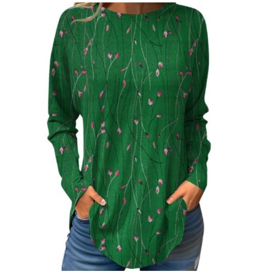 Vintage Langarm 3D bedruckte T-Shirts Blumen Rundhals Oberteil für Damenbekleidung