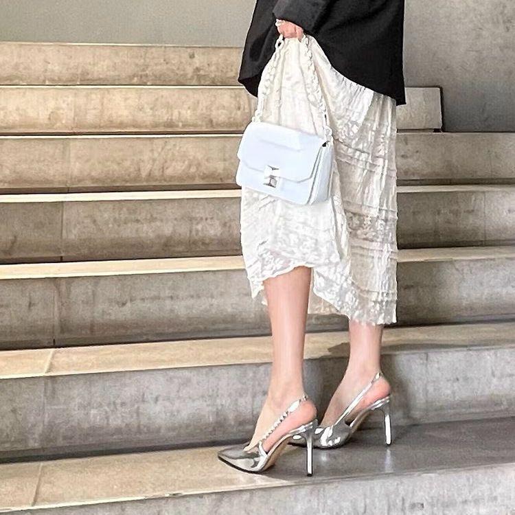 Super Beautiful! Ping for Temperament Premium Silver High Heels Pointed Thin Heels Empty Sandals Super Fairy Foreign Style Women