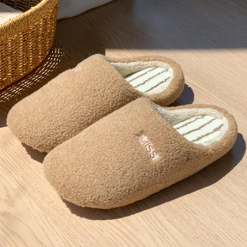 New Home Simple Striped Slippers Autumn and Winter Indoor Home Velvet Warm Non-slip Couple Cotton Slippers