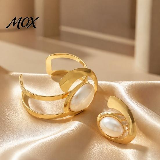 Adjustable Wrist Jewelry 2Pcs Faux Pearl Bangle And Ring Set, Geometric Open Bracelet & Ring, Minimalist Golden Plated Statement for Party Hollow