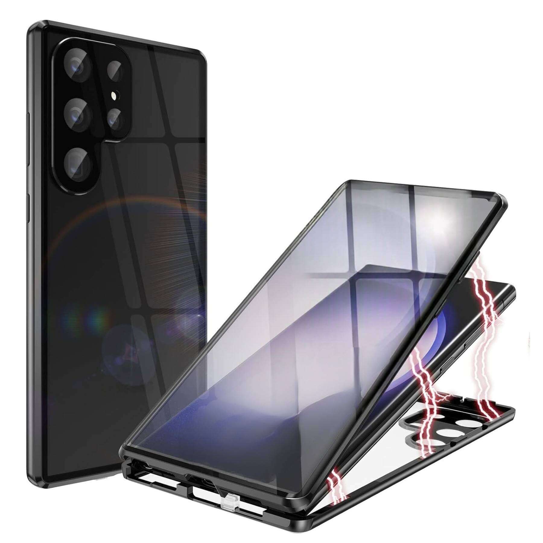 

Чехол для Samsung Galaxy S25 Ultra S24 Plus S24+ S23 FE с металлической рамкой, двухсторонним закаленным стеклом, защитой объектива, бамперами для телефона Galaxy S23 чёрный