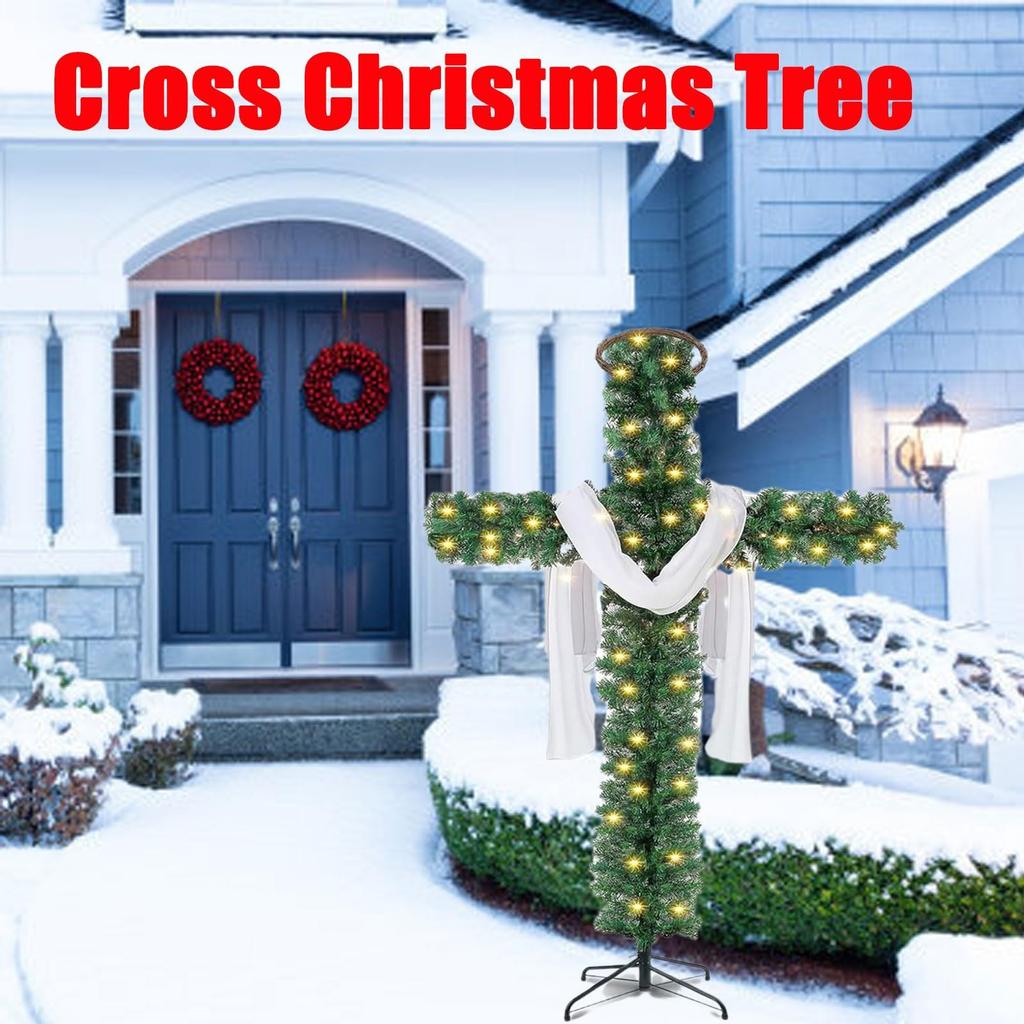 A Cross-shaped Christmas Tree With Lights, Pre-lit, Elongated, Pencil-shaped Artificial Tree, Complete With A Scarf And Christ Crown, Suitable For