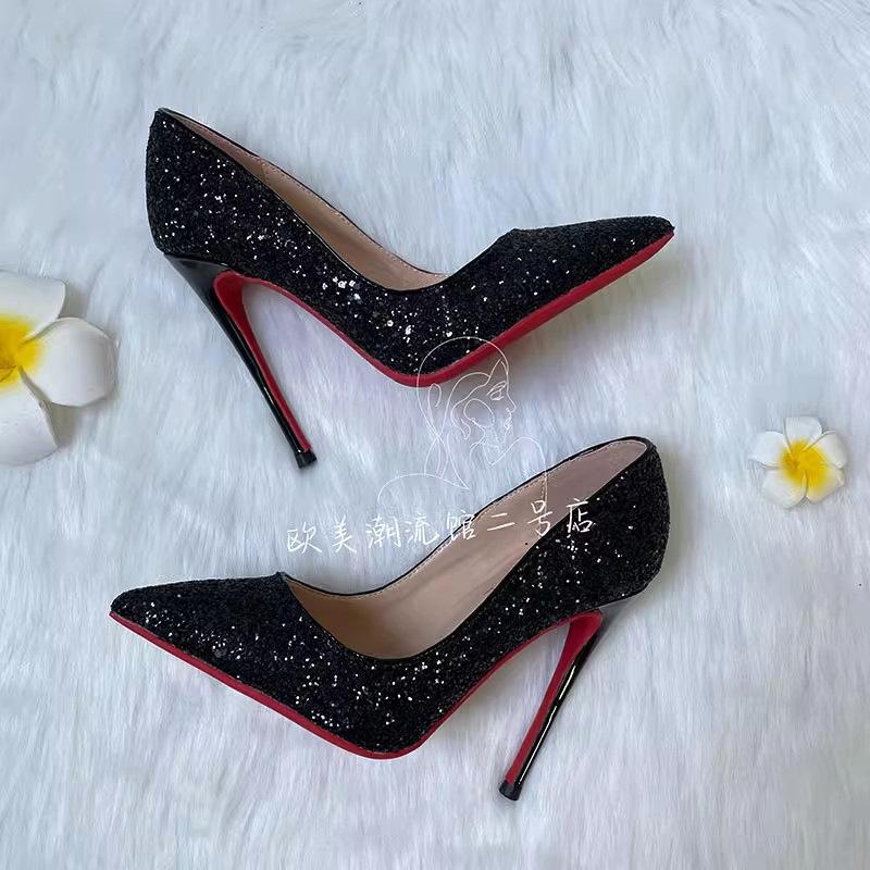 Black Red-soled High Heels Women's Stilettos 2025 Autumn and Winter New Sequined Crystal Wedding Shoes Pointed Professional Sexy Single Shoes