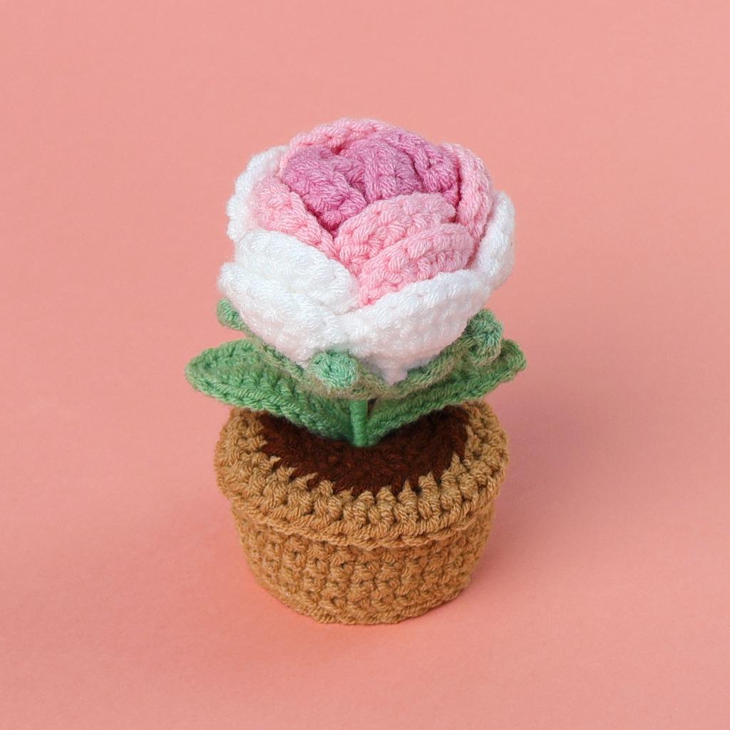 Handmade Knitted Gradient Blue Rose Flower Potted Plant Desktop Ornament Finished Wool Crochet Flower Pot Home Room Decoration