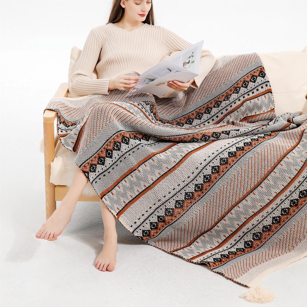 Boho Throw Blanket Ethnic Wave Tassel Knitted Sofa Cover Blanket Window Air Conditioning Blanket Cozy Office Home Napping Blanket