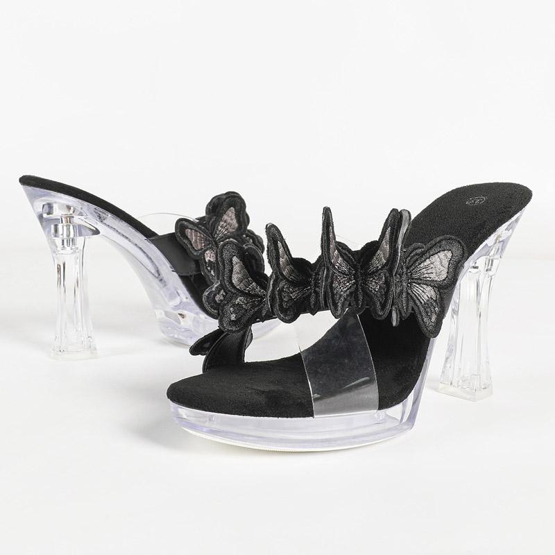 Pesstwei Fashion CRYSTAL Butterfly-kont Women Slippers Summer PVC Transparent High Heels Wedding Carnival Slide Shoes