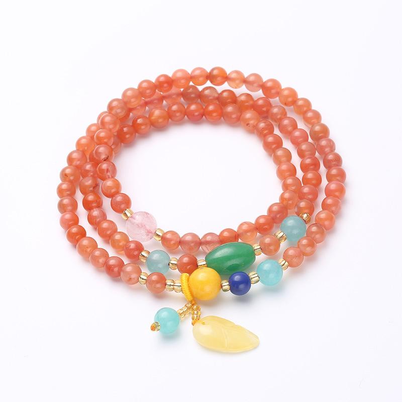 Natural Three-ring Full-bead Southern Red Agate Bracelet with a Natural-shaped Beeswax Pendant, Multi-ring Bracelet, Jewelry