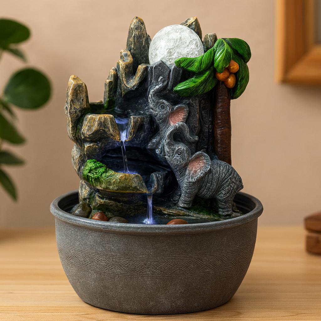 Shamtam Gray Tabletop Fountain 25Cm Elephants And Palm Tree