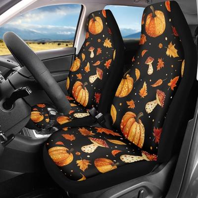 Pumpkin Mushroom Maple Leaf Front Car Seat Covers Protectors 2-Pc Set Graphic Print Auto Seat Covers For Holiday Car Decor
