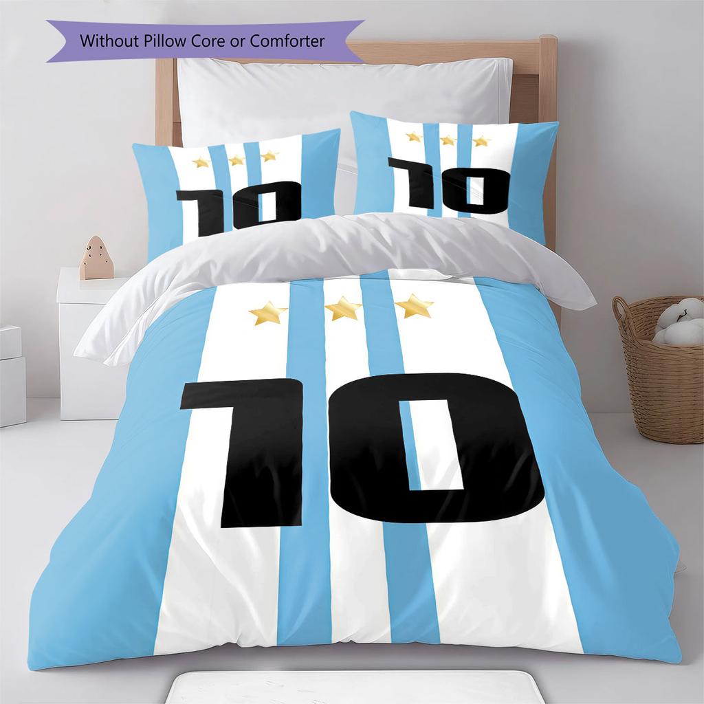 Lenjerie de pat cu model Lionel Messi, Set cu cuvertură, Husă cuvertură, Față de pernă, Cadou de casă de ziua de naștere(1 * husă de pilotă + 2 * fețe de pernă, fără miez)
