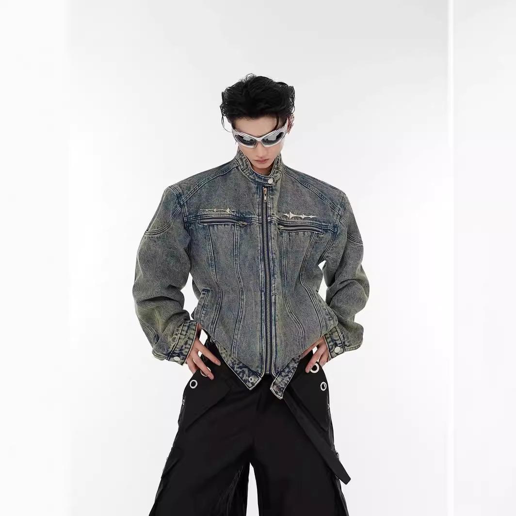 

Men s Trendy Metal Design Retro Distressed Denim Patchwork Jacket, Collarless with Shoulder Pads Medium синій