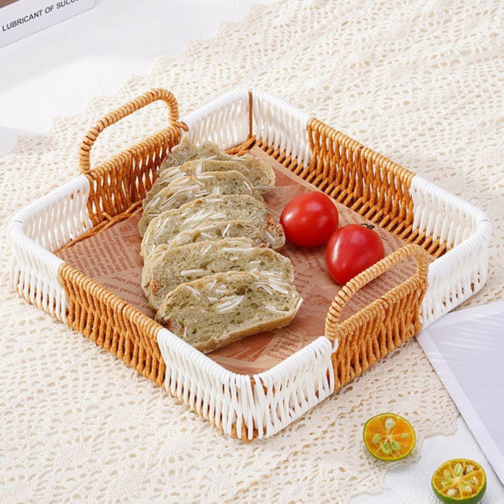 With Handles Woven Serving Tray Washable Imitation Rattan Fruit Plate  Kitchen Storage