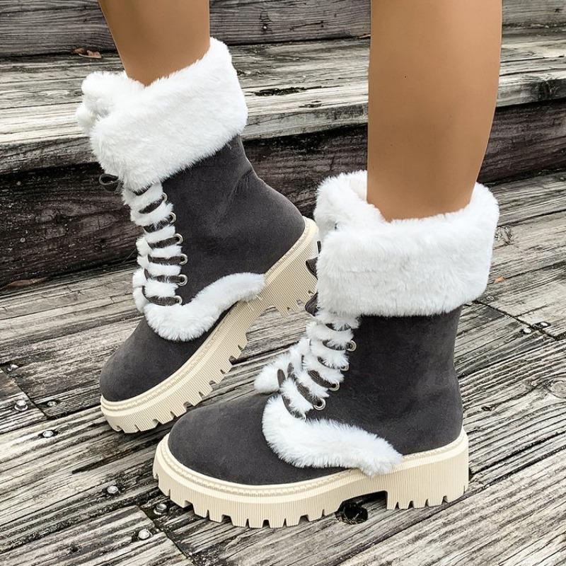 Plus-size Shoes, Fluffy and Warm Thick-soled Mid-calf Boots, Comfortable Round-toed Lace-up Snow Boots for Women