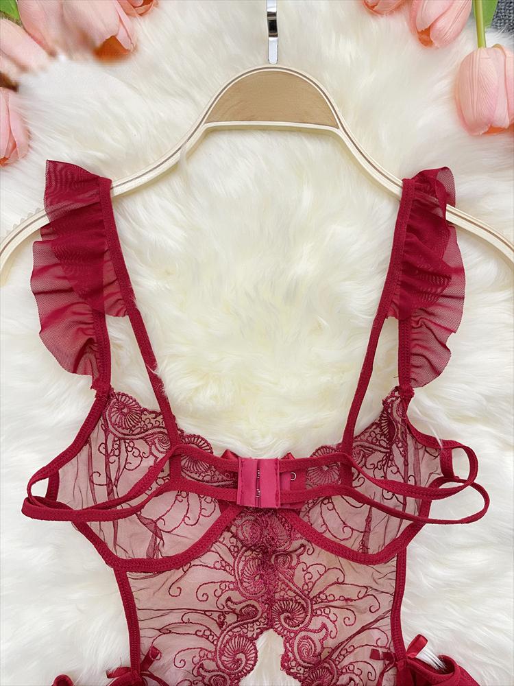 2024 Sheer Bow Lace Sexy Jumpsuits Women Hollow Out Porno Lingerie Romper Female Open Crotch Fashion Strap Transparent Playsuits