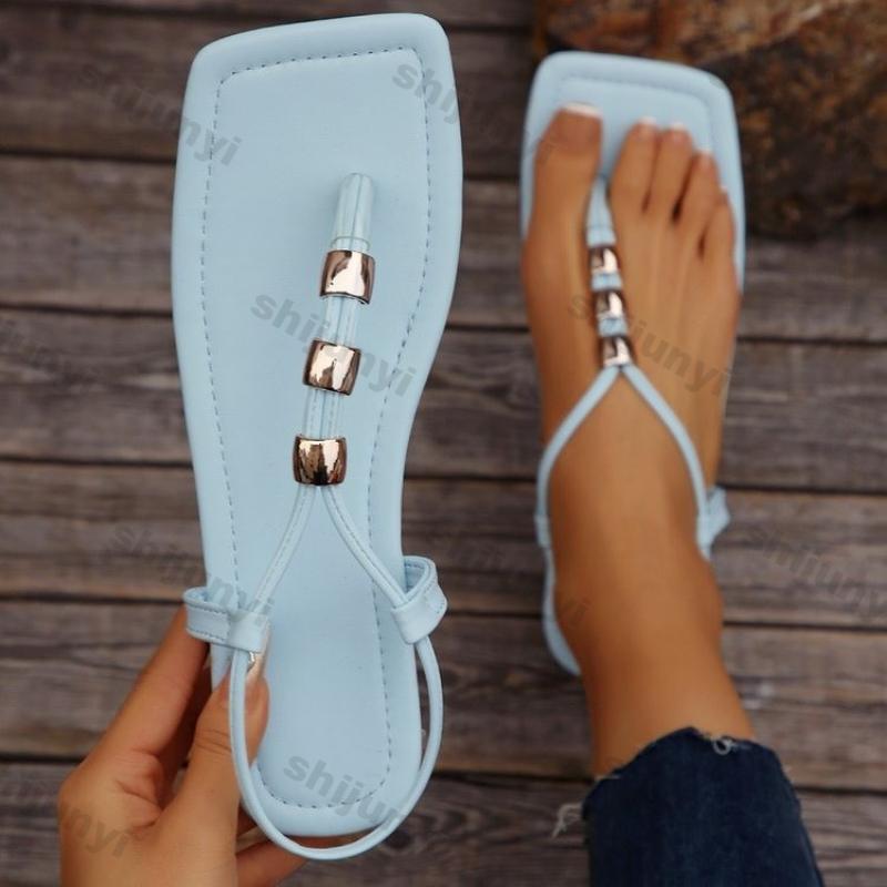 Fashion Fashion Casual Flat Sandals for Women Summer New Flat Shoes New Style Beaded Foot Elastic Band Roman Beach Shoes Plus-size 43