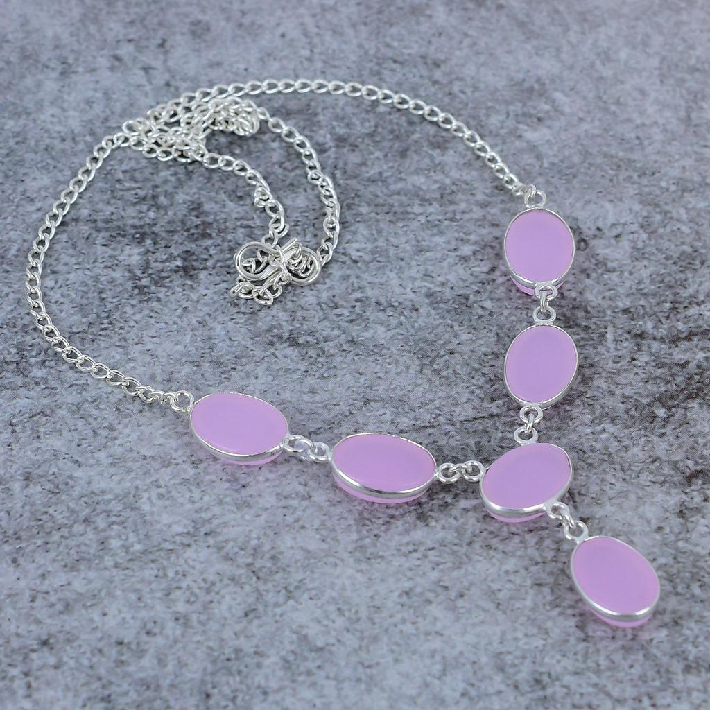 Pink Chalcedony Gemstone Handmade 925 Sterling Silver Jewelry Necklace 18" M-391