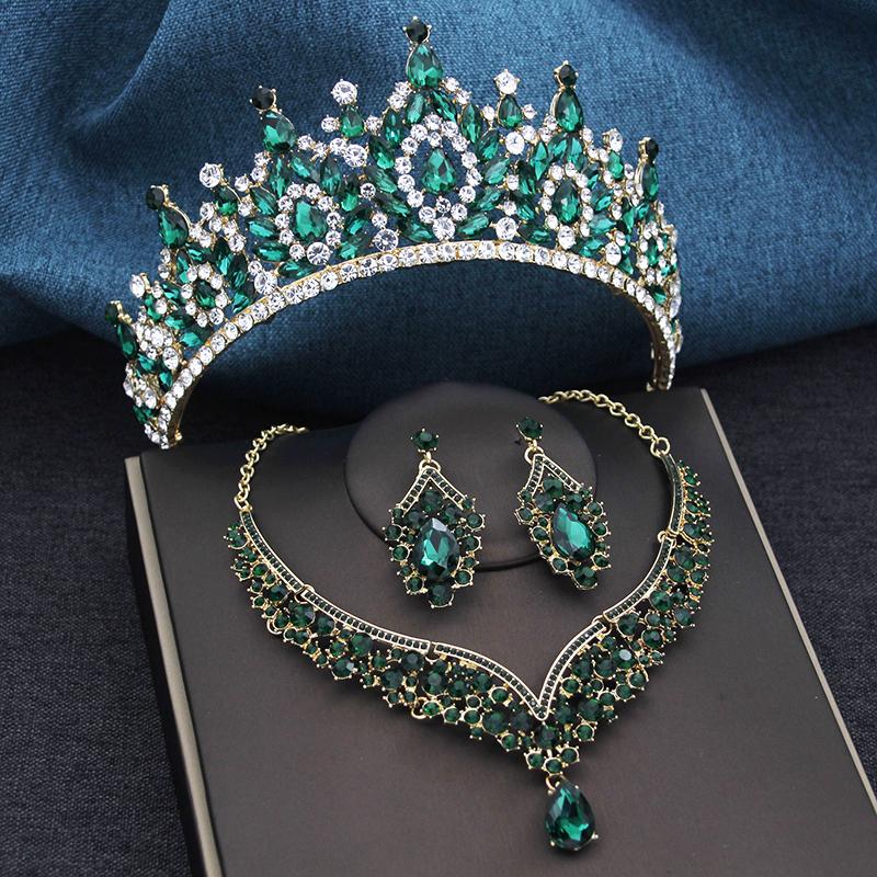 3 Stuks Groene Bruiloftskroon Sets Tiara's Bruidshoofddeksel voor Prinses Banket Dubai Sieradensets Kostuumaccessoires