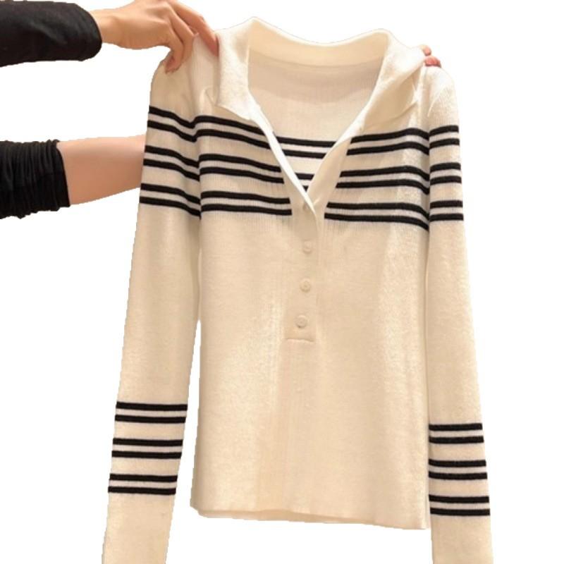 Contrasting Striped Knitted Long-sleeved Bottoming Shirt with Women's New Semi-open Neck Long-sleeved Sweater In Autumn and Winter