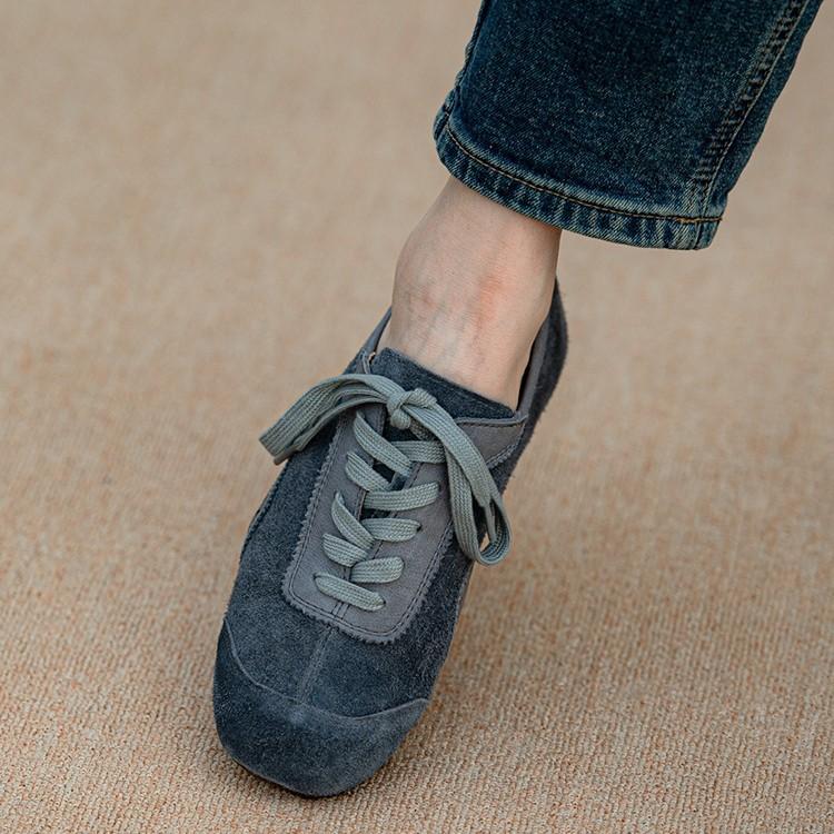 Retro Gray Matte Leather Soft-Soled Soft-Faced German Training Shoes Women'S Autumn And Winter Niche Flat-Bottomed Casual Lace-Up Single Shoes
