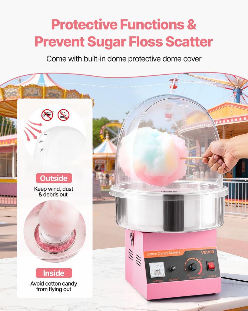 Electric Cotton Candy Machine, 1000W Commercial Floss Maker With Cover, Commercial Cotton Candy Machine w/Stainless Steel Bowl & Sugar Scoop, Ideal