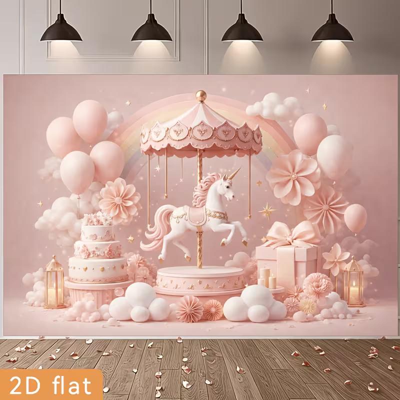 2D Dreamy Pastel Unicorn Backdrop with Rainbow & Clouds Party Photo Booth Background
