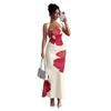 Maxi abito da donna senza spalline con scollo all'americana, stampa floreale rossa, vari colori