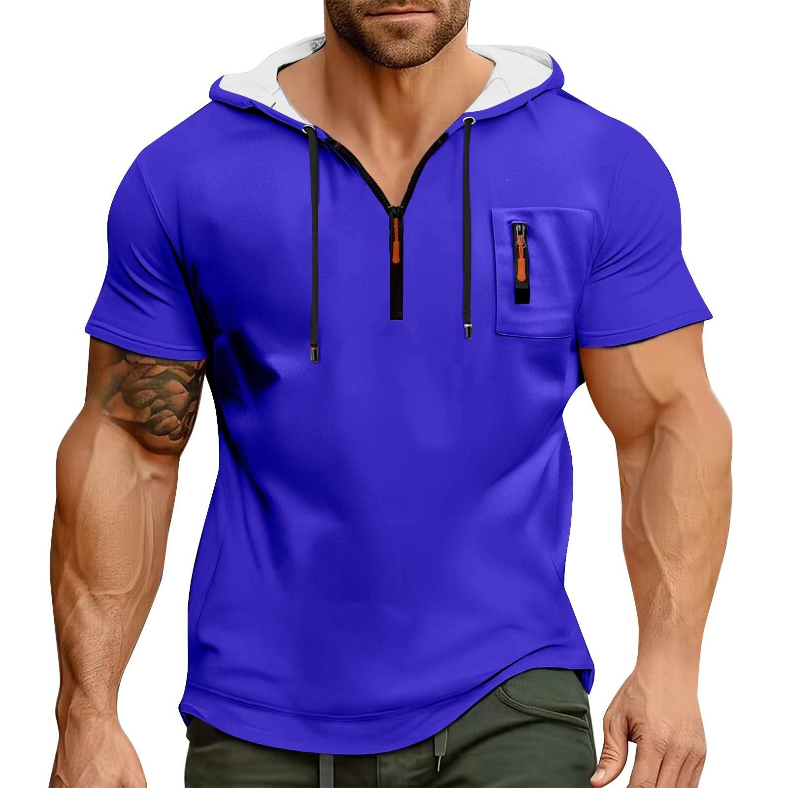 Мужская летняя рубашка с карманом на молнии, коротким рукавом, с капюшоном, мужская спортивная повседневная толстовка большого размера L