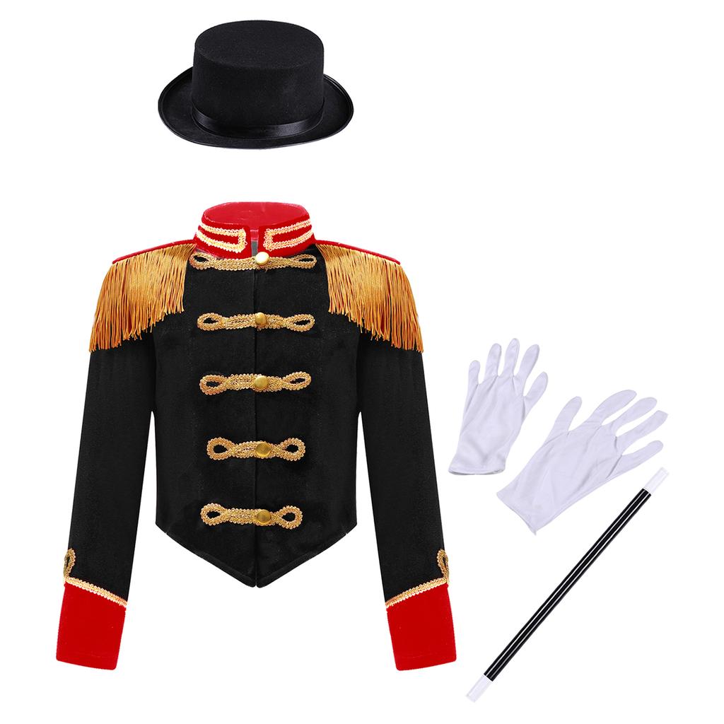 Kids Ringmaster Costume Set Long Sleeve Stand Collar Tassel Shoulder Button Jacket Hat Magic Gloves Halloween Performance